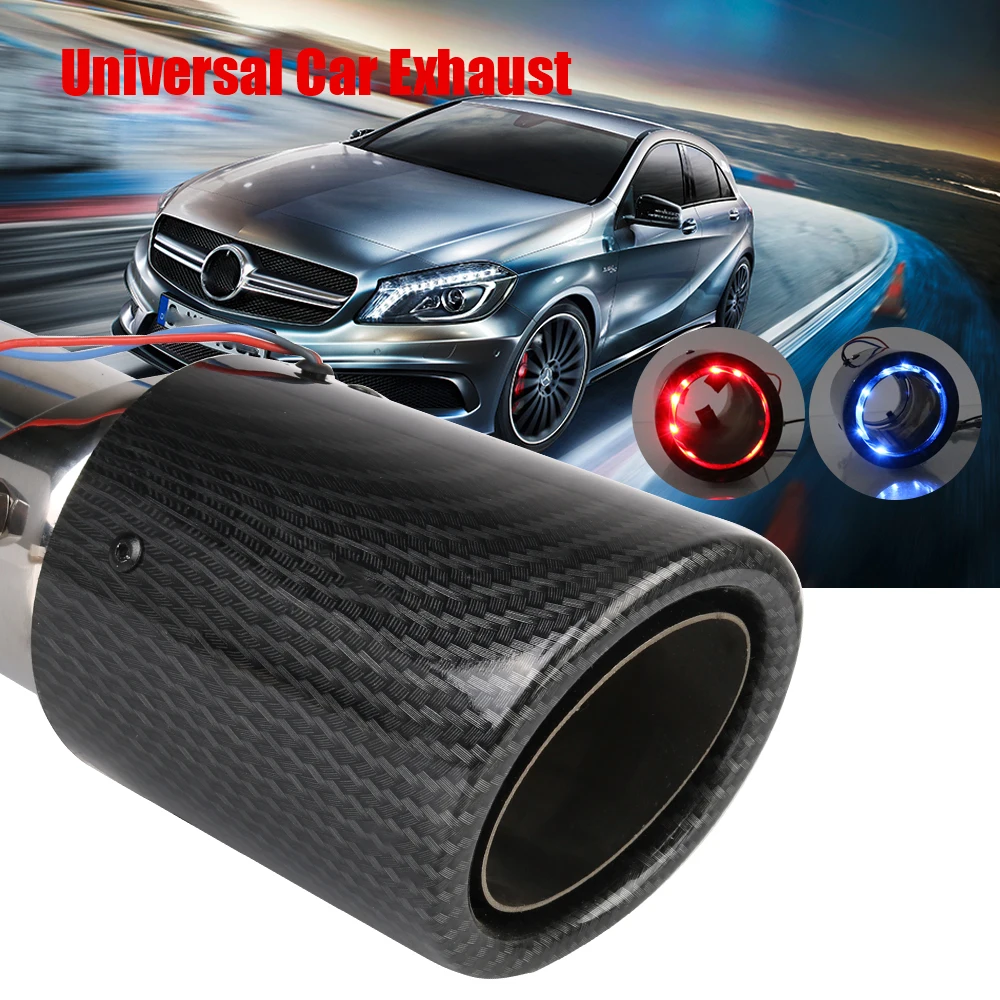 With LED Flashing Decorative Light Car Muffler Flaming Luminous Motorcycle Exhaust Pipe Tail Vent Carbon Fiber Universal 63-65mm