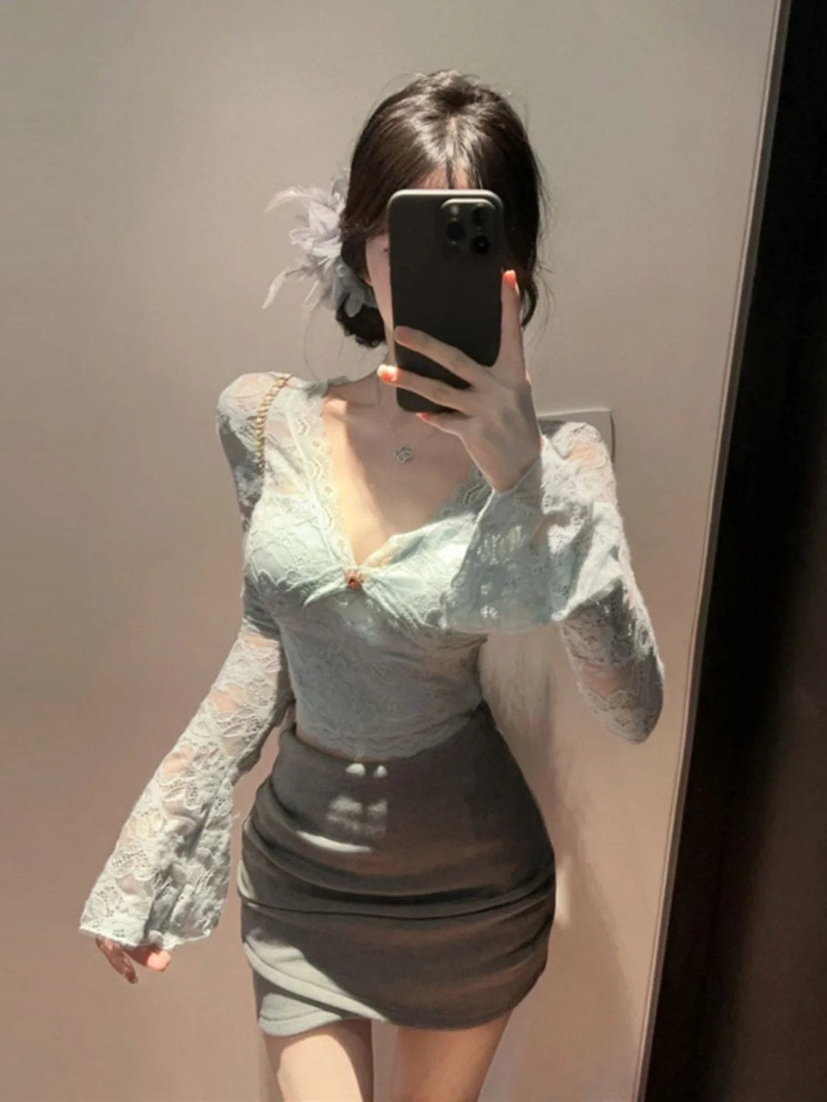 Ele Lace Crop Top And High Waist  Skirt Set Beautiful Sexy Two Piece Outfit for Autumn Faionable Sister Sle