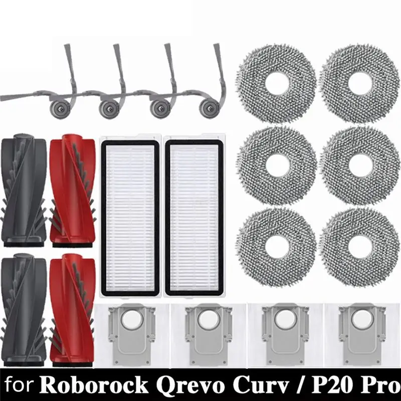 

A04G-Запасные части для робота-пылесоса Roborock Qrevo Curv: основная роликовая щетка, боковая щетка, HEPA-фильтр, салфетка для влажной уборки, мешок для сбора пыли, аксессуары