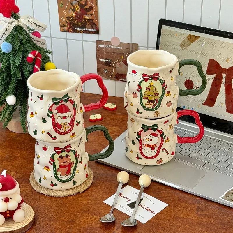 Christmas Ceramic Mug with Santa Claus Pattern Premium Texture Coffee Water Cup with Gift Box and Spoon Home Holiday Gift