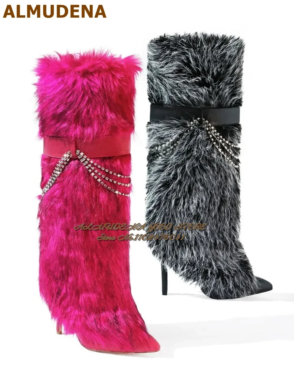 ALMUDENA Hot Pink Black Fluffy Fur Knee Boots Bling Bling Crystal Chain Embellished Dress Boots Dense Plush Warm Winter Shoes
