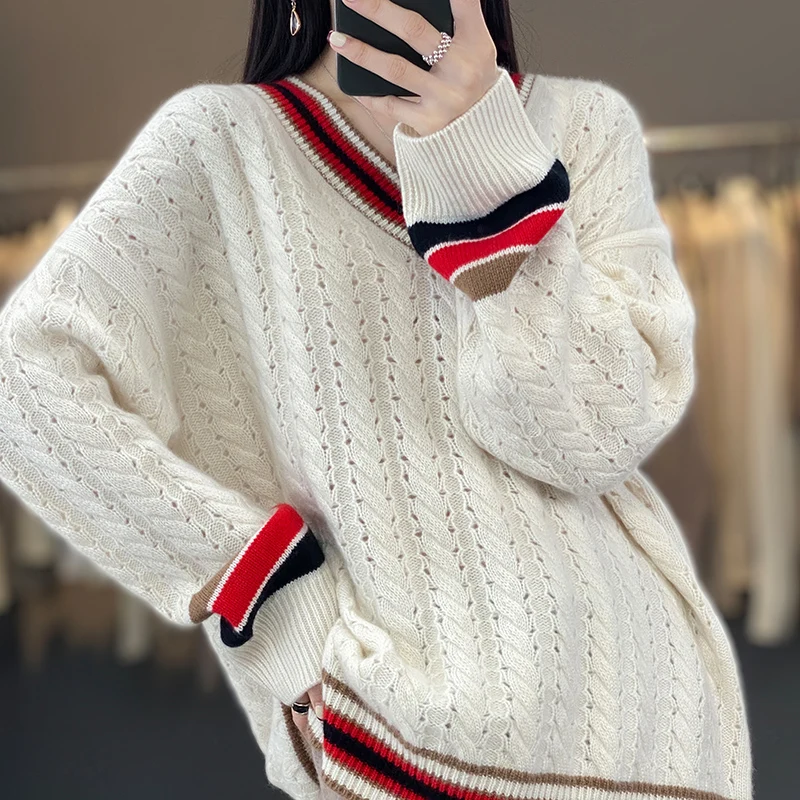 

V-neck Hollowed-out Hook 100% Pure Cashmere Sweater Women's New Autumn and Winter Long Sleeve Sweater Loose Wool Knit Base Shirt