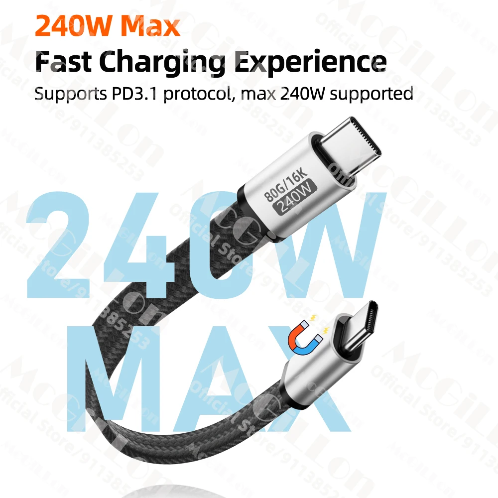 Magnetic USB C Cable 240W Fast Charging Type C Cable 16K 80Gbps Data Transfer Short Power Bank Cable for iphone Samsung Huawei
