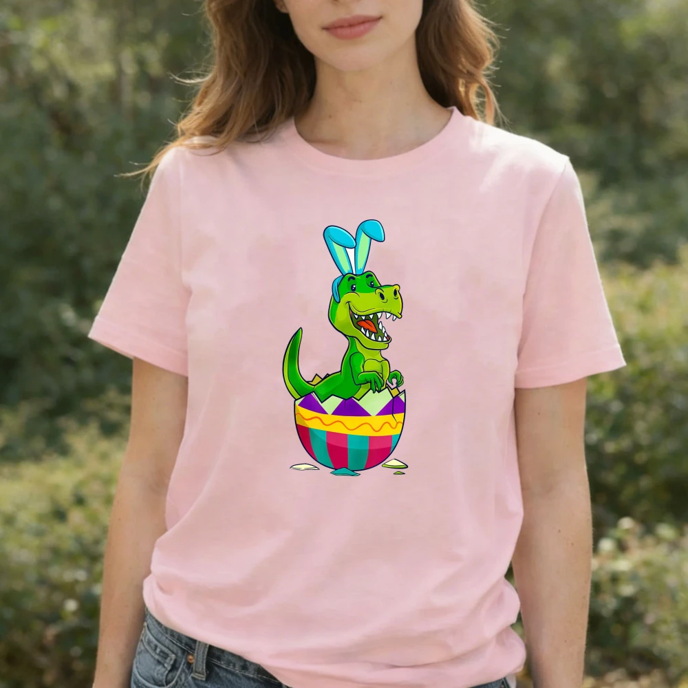Pastel Easter T-Rex Bunny T-Shirt Cartoon Dinosaur Hatching From Colorful Egg Cotton Casual Streetwear for Spring Celebrations