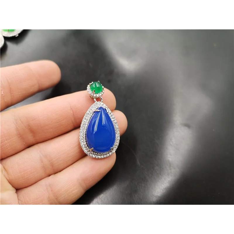 925 Silver Inlaid Canary StoneGreen Agate Water Drop Jade Pendant