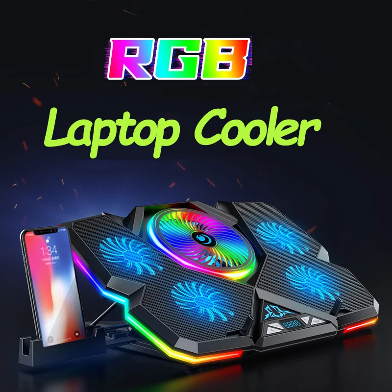 2022 Coolcold Laptop Cooler RGB Gaming Notebook Cool Stand Ergonomics Five Fans 2 USB Ports With HD Display For 14-17inch