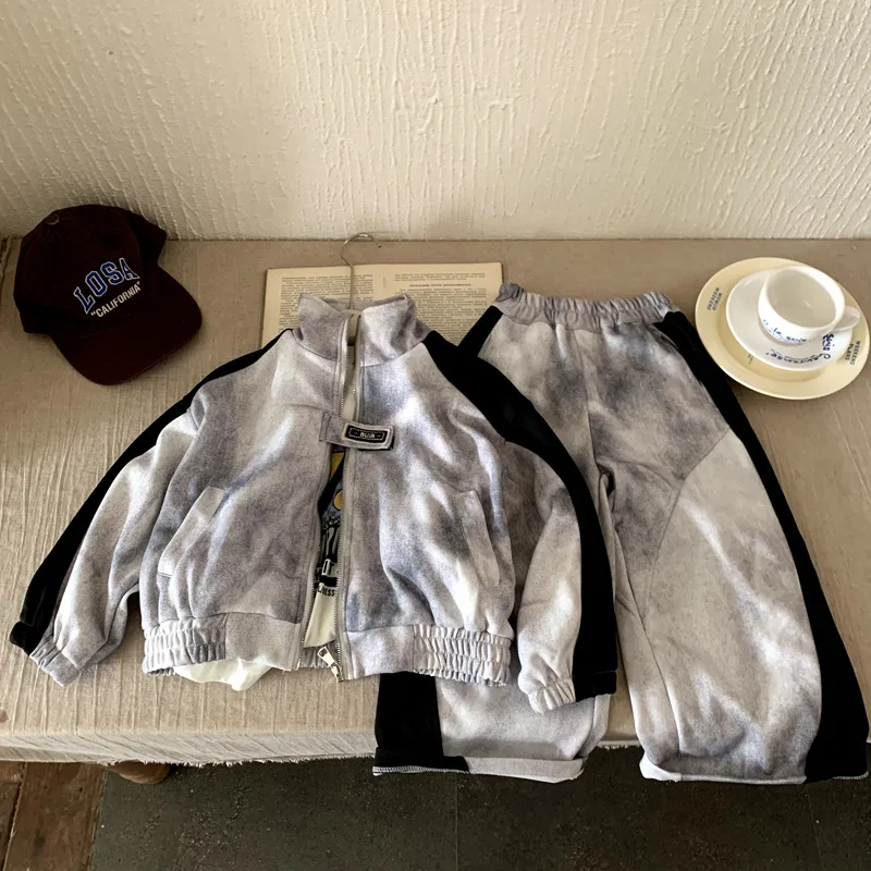 

Boys Set 2025 Autumn Spring Korean Style Fashion Trendy Handsome Cool Sporty Distressed Patchwork Coat Pant Two Piece Set