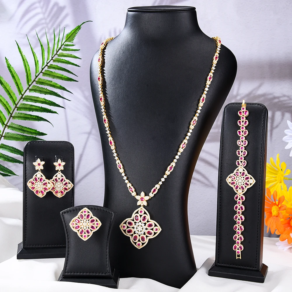 

Missvikki Brand New Luxury 4PCS Necklace Bracelet Earrings Ring Jewelry Set for Bridal Wedding Women Noble Show Jewelry