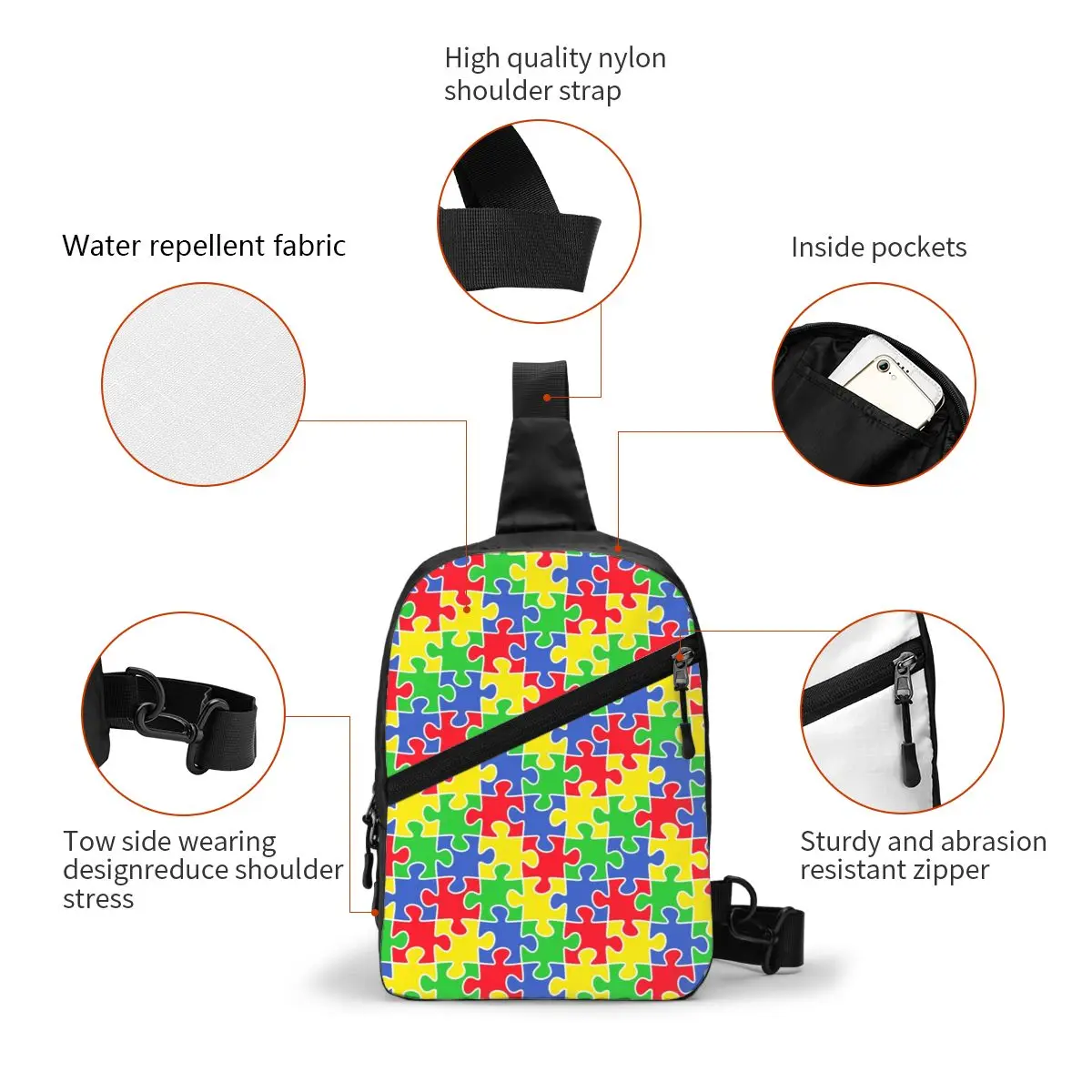 Custom Colorful Puzzle Pieces Autism Awareness Sling Chest Bag Customized Shoulder Crossbody Backpack for Men Traveling Daypack