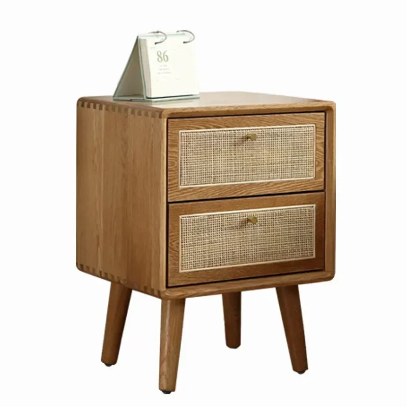 Natural Wood Bedside Cabinet Double Drawer Night Stand Indonesian Rattan Weaving Storage Cabinet Practical Bedroom Furniture