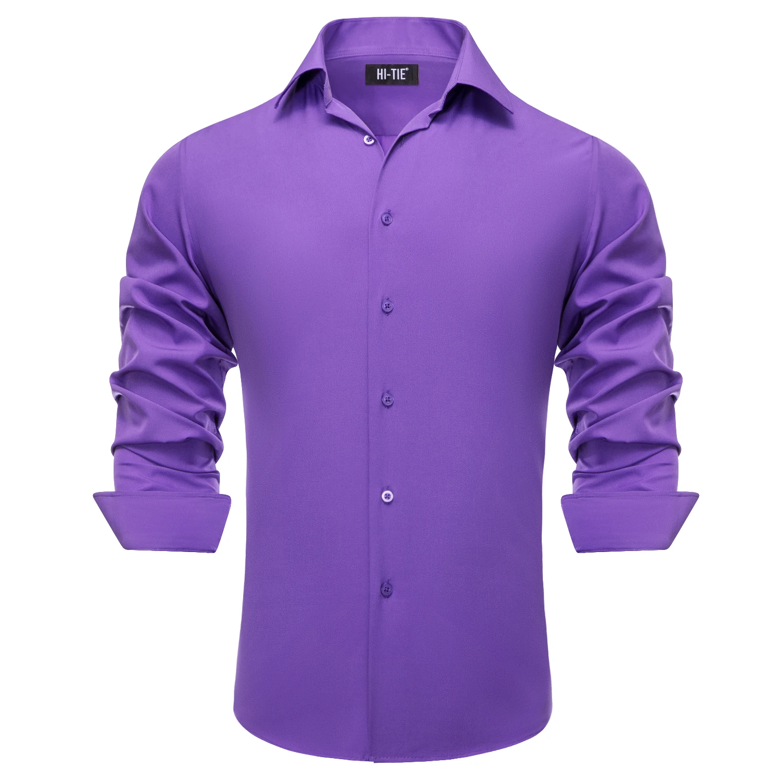 Violet Purple Solid Silk Men\'s Shirts Spring Autumn Long Sleeves Lapel Slim Fit Shirt Wedding Formal Business Party Gifts Hi-Tie
