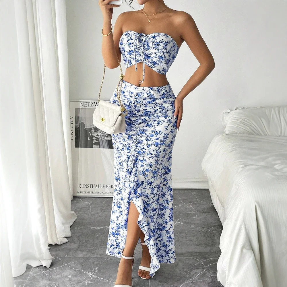セット夏エレガントな小花柄ノースリーブストラップレスレースアップタンクシャーリングマーメイドスリットスカートビーチセット女性のための