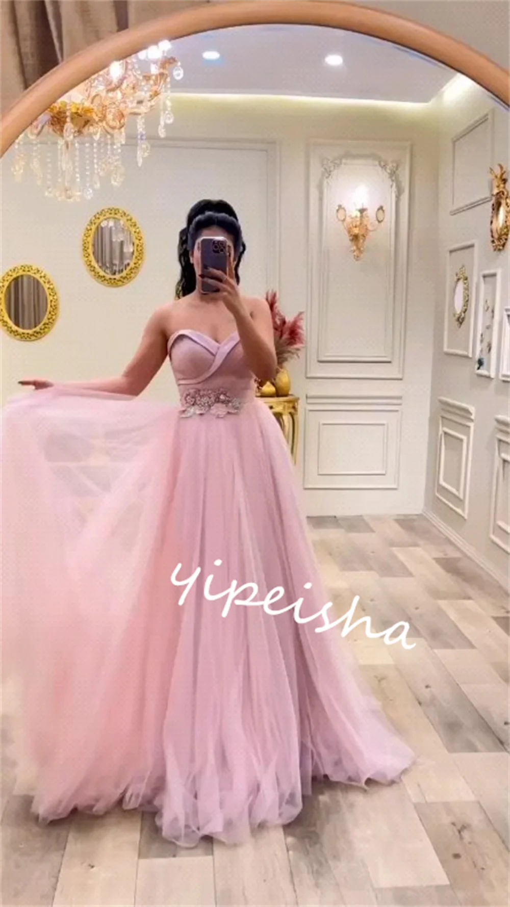 Tulle Applique pieghe sera a-line Sweetheart abito da occasione su misura abiti lunghi