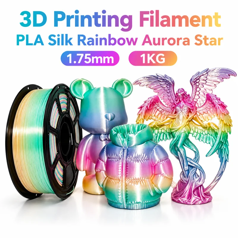 PLA Silk Rainbow Aurora Star 3D Printing Filament 1.75mm 1KG Spool Shiny Gradient Color Smooth Silk Texture Most FDM 3D Printers
