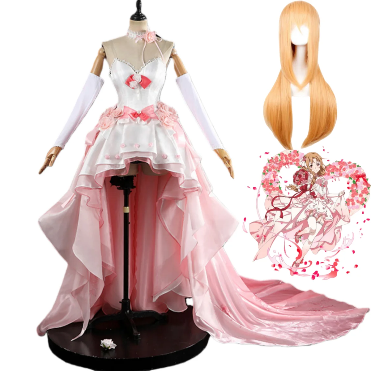 Disfraz de Cosplay de Yuuki Asuna de Sword Art Online, Vestido de Novia Rosa con Accesorios Completos, Peluca, Traje Sexy para Mujer