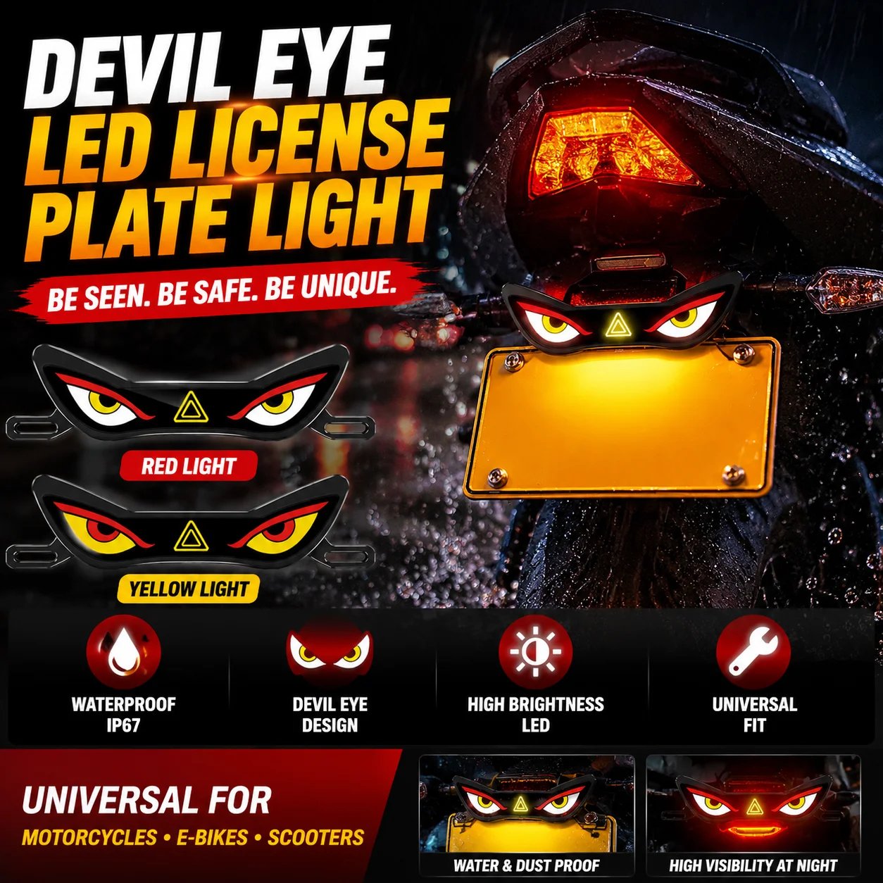 Devil Eyes LED Motorcycle Tail Light High Visibility LED Warning Light Dustproof Waterproof Motorbike Night Riding Decor Light