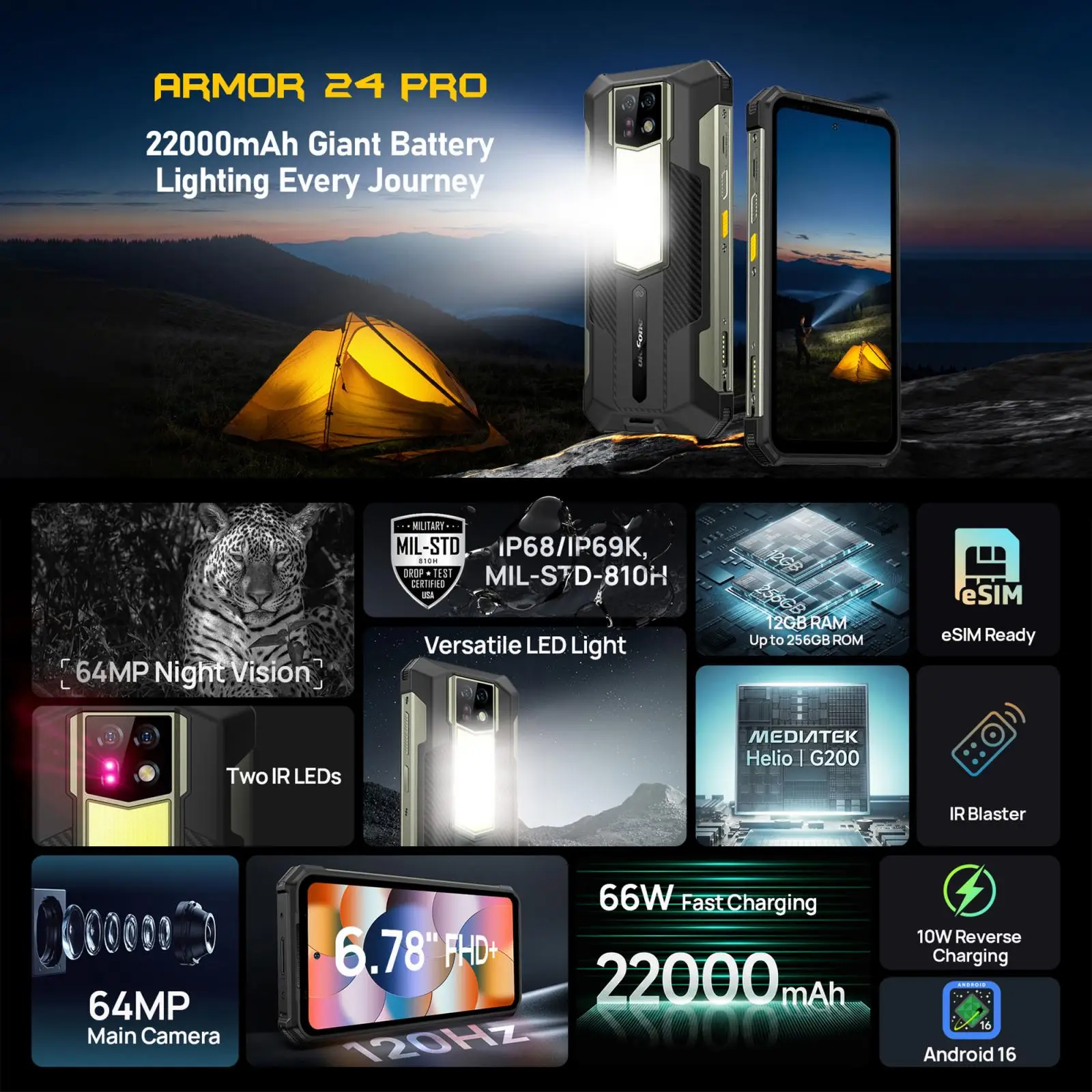 Ulefone Armor 24 Pro Rugged Phone 12GB+256GB 6.78 inch Android 16 Helio G200 22000mAh Battery 64MP Night Vision 66W Smartphone
