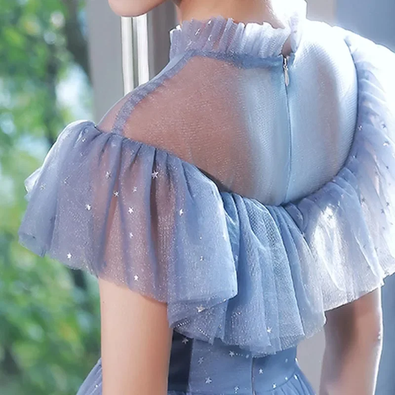 It's Yiiya Customized Evening Dress Blue Tulle Ruffles Appliques Beads Floor-Length A-Line Plus size Woman Formal Party Gowns