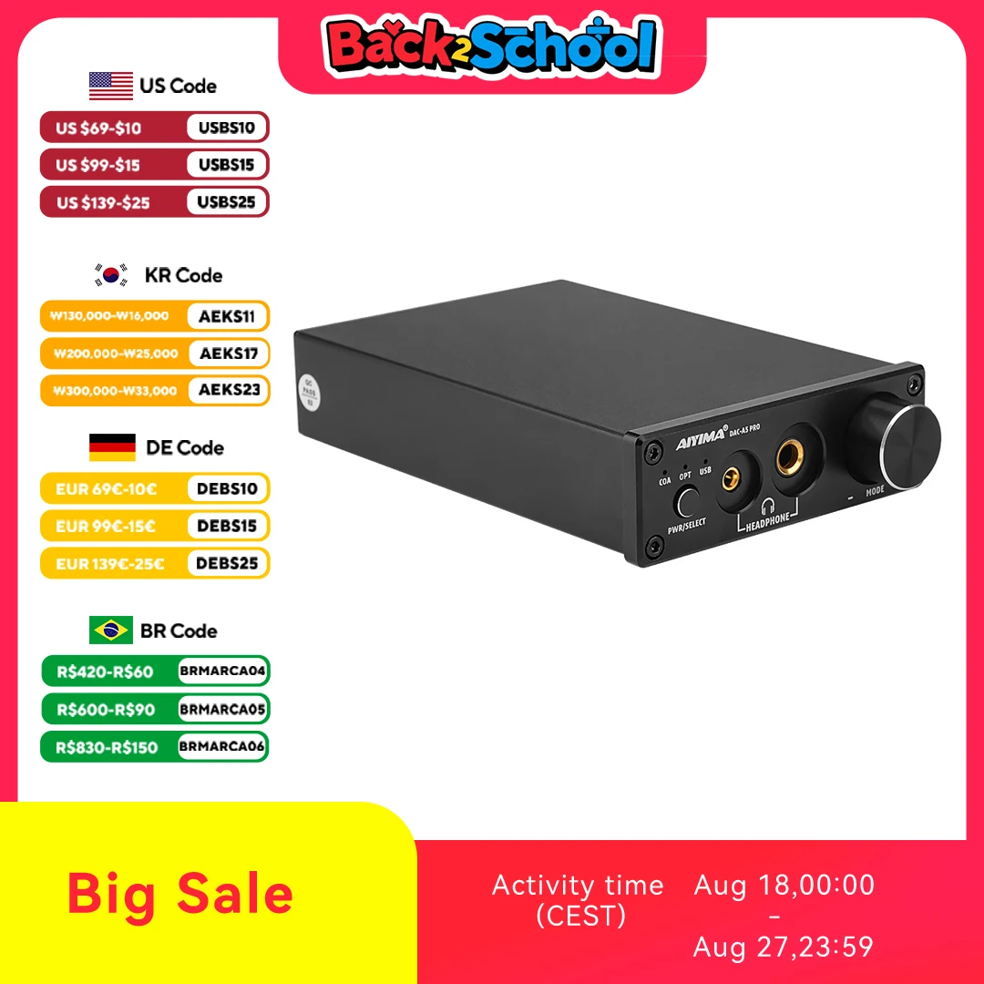 AIYIMA Audio DAC A5 Pro TPA6120 Mini HIFI USB DAC Decoder Audio cuffia Amplificatore 24BIT 192KHz LM49720 ESS9018K2M AMP DC12V