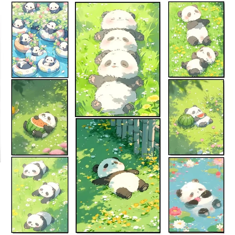 DIY Cute Panda Diamond Painting, Chubby Panda Watermelon Swimming Pool Lotus Bamboo  For Living Room Home Wall Decoration Gift