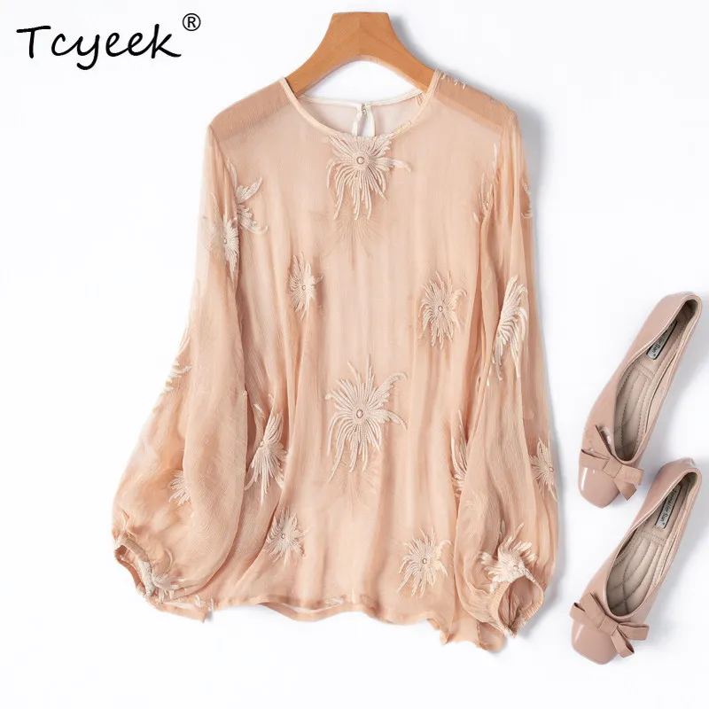 Tcyeek 100% Real Silk Women Shirts 2026 Spring Summer Embroidered Loose Sunscreen Woman's Top Clothes for Ladies Tops De Mujer