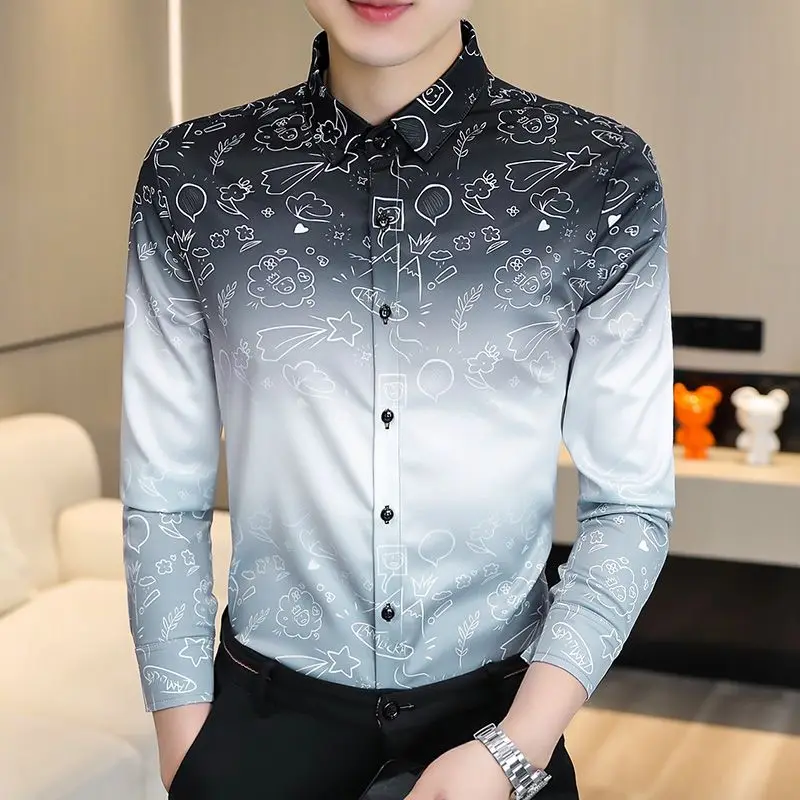 Men's Gradient Color Long Sleeve Shirt Korean Style Slim Fit Spring Autumn Trendy Casual Top 2026 New Arrival