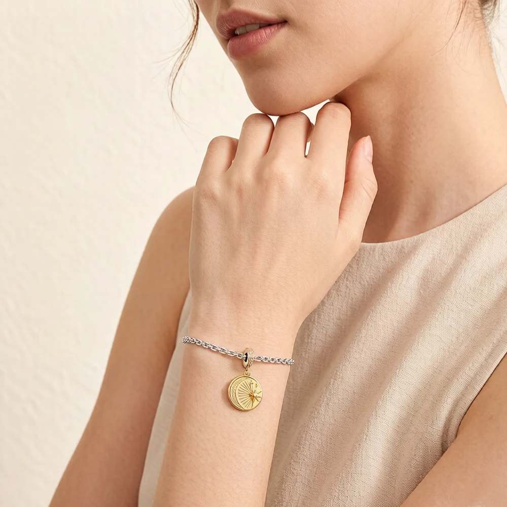 Vintage Moon & Star Charm dla kobiet mężczyzn Trendy 925 srebro biżuteria w kolorze złotym — zdjęcie 3