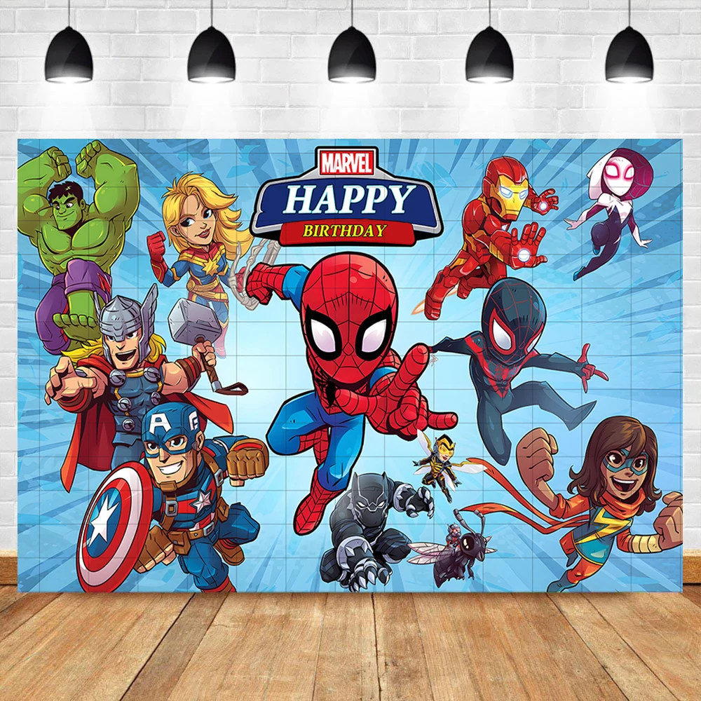 Toile de fond thème Avengers avec nom personnalisé, bannière de fête d'anniversaire pour enfants, affiche de fond de photographie de héros de ville, Spider-Man Hulk Iron Man