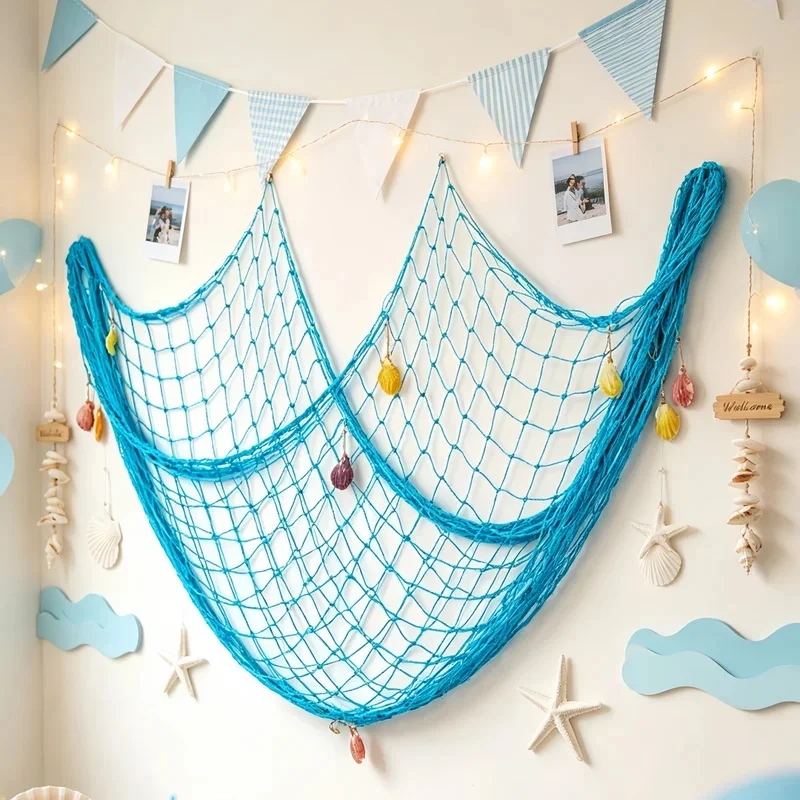 Nautical Fishing Net Wall Hanging, 1Pc Beach Seashell Fish Net Ornament, Bedroom Photo Display Wall Decor