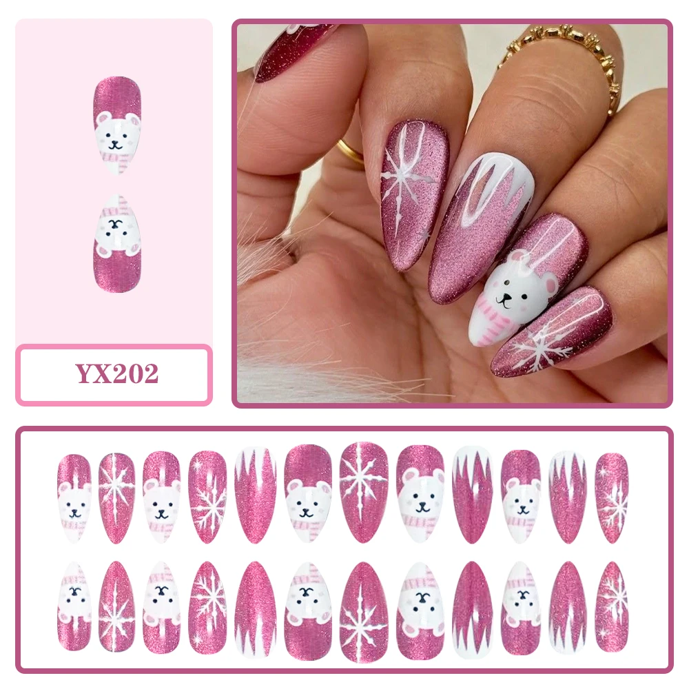 Christmas Press on Nails Medium Almond Pink Glitter Polar Bear Snowflake White Icicle False Nails for Women Holiday