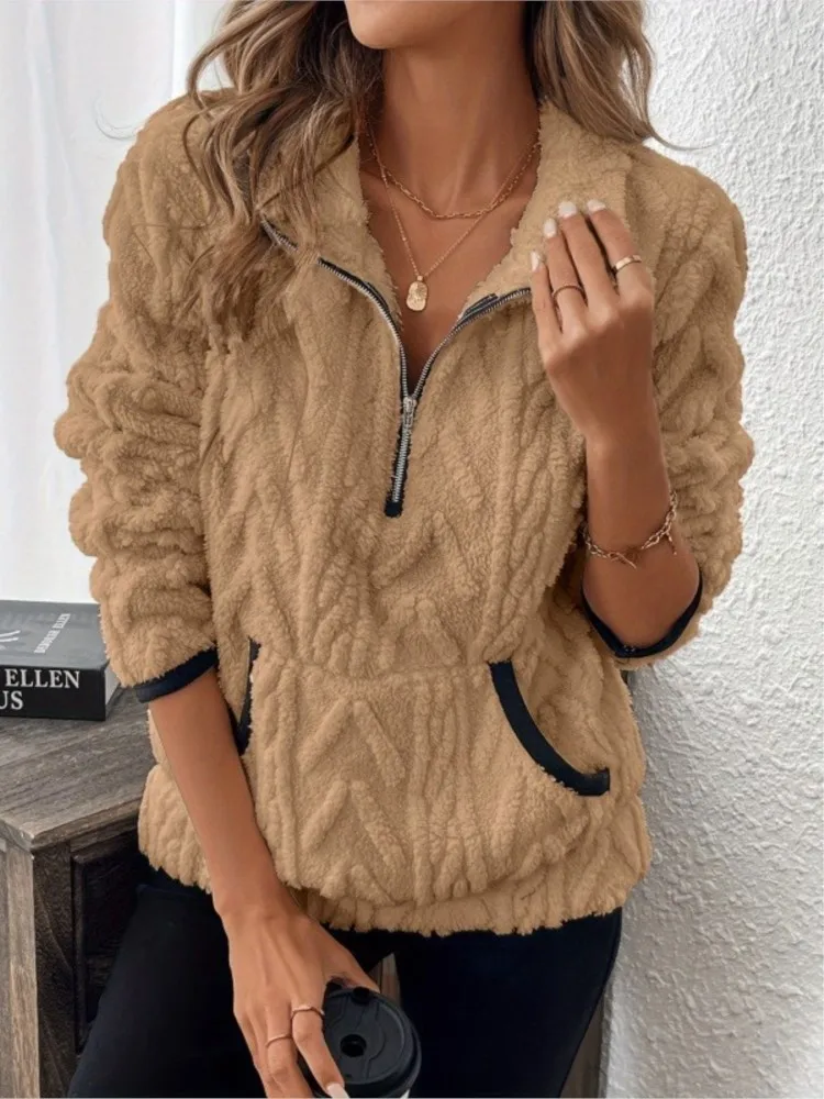 Casual Solid Color Half-open Collar Pullover Tops For Female Fashion Long Sleeves Pocket Sweatshirt Autumn Winter Ladies Hoodie