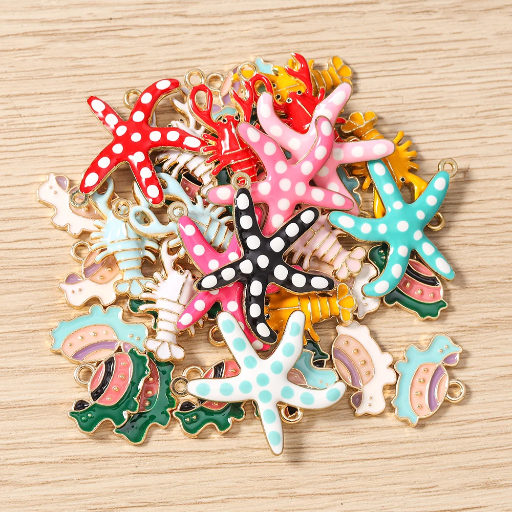 Tusember 10Pcs Cute Colorful Ocean Beach Lobster Turtle Starfish Charms for DIY Jewelry Making Summer Beach Bracelets Necklace