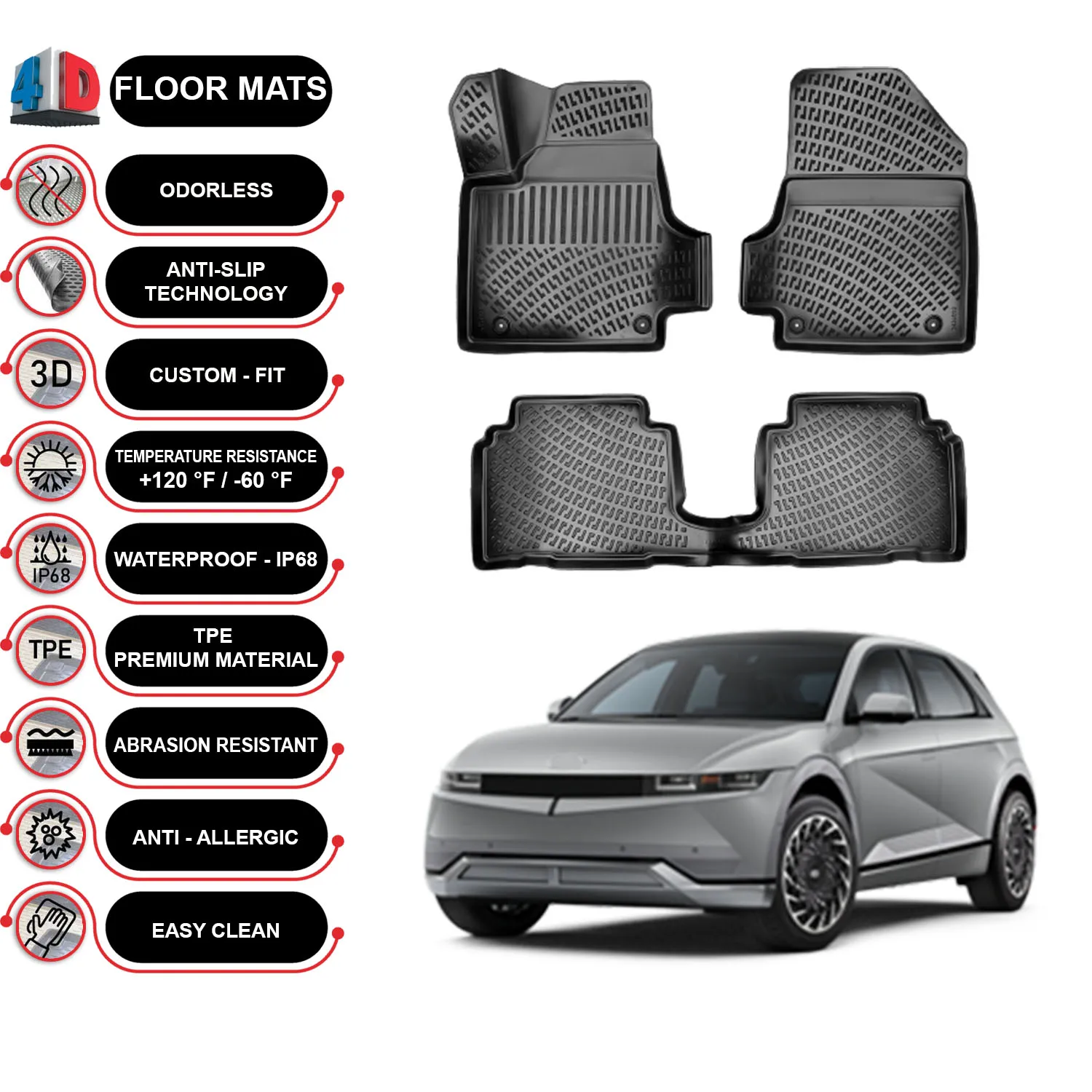 Hyundai Ioniq 5 - (2021-2023) Floor Mats Liner Waterproof 3D - (Black)