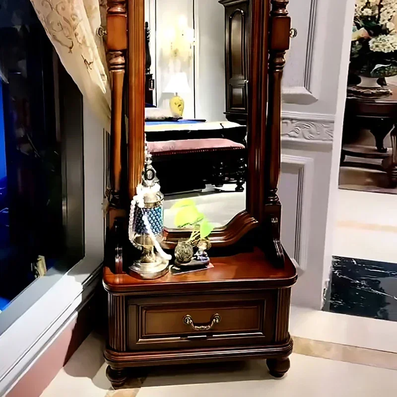 YH03   American solid wood full-length mirror European style, bedroom retro floor mirror rotatable, explosion-proof makeup mirro