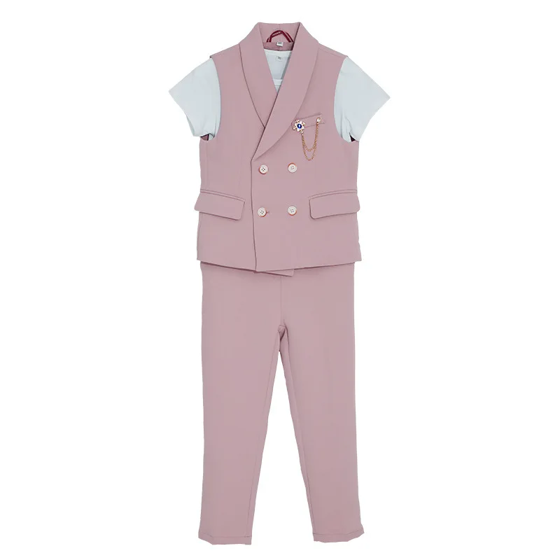 Boys Solid Color Suit Vest Pants Outfits Child Double Breasted Waistcoat Wedding Clothes Sets Toddler Formal Dress Kids Tuxedos