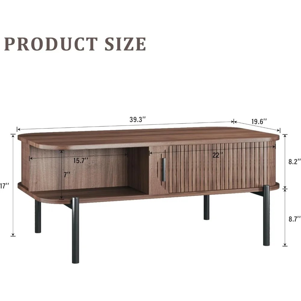 Coffee Table, 39.4 Mid Century Modern Coffee Tables for Living Room, Coffee Table with Storage Open Shelf, Fluted Table with Sli