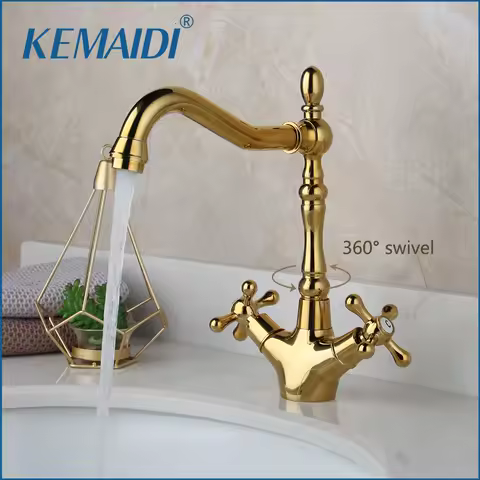 KEMAIDI Gold Bathroom Sink Faucet Brass Single Hole Deck Mounted Faucets 360 Swivel Dual Handle Mixer Tap Antique Brass