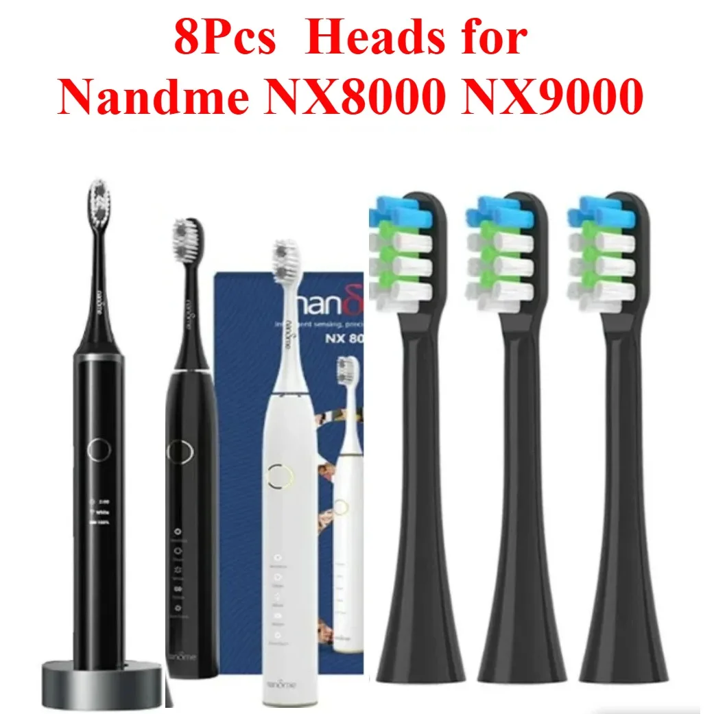8Pcs Replacement Heads for Nandme NX8000 NX9000 Sonic Electric Toothbrus white black, Soft DuPont Bristles