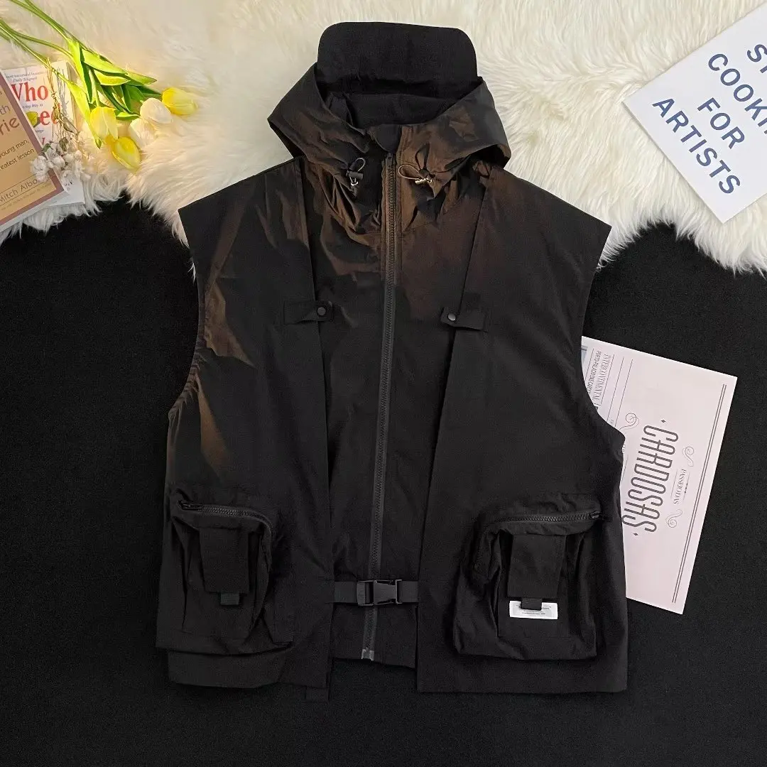 Oxford Composite Vest Summer Men Tooling Solid Color Hooded Thin Outdoor Casual Loose Vest