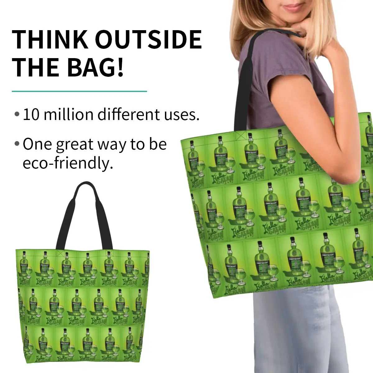 Green Chartreuse Bottle Oil Painting Drink Shopping Tote Bag Canvas Shoulder Bags Shopper Grocery Handbag for Women