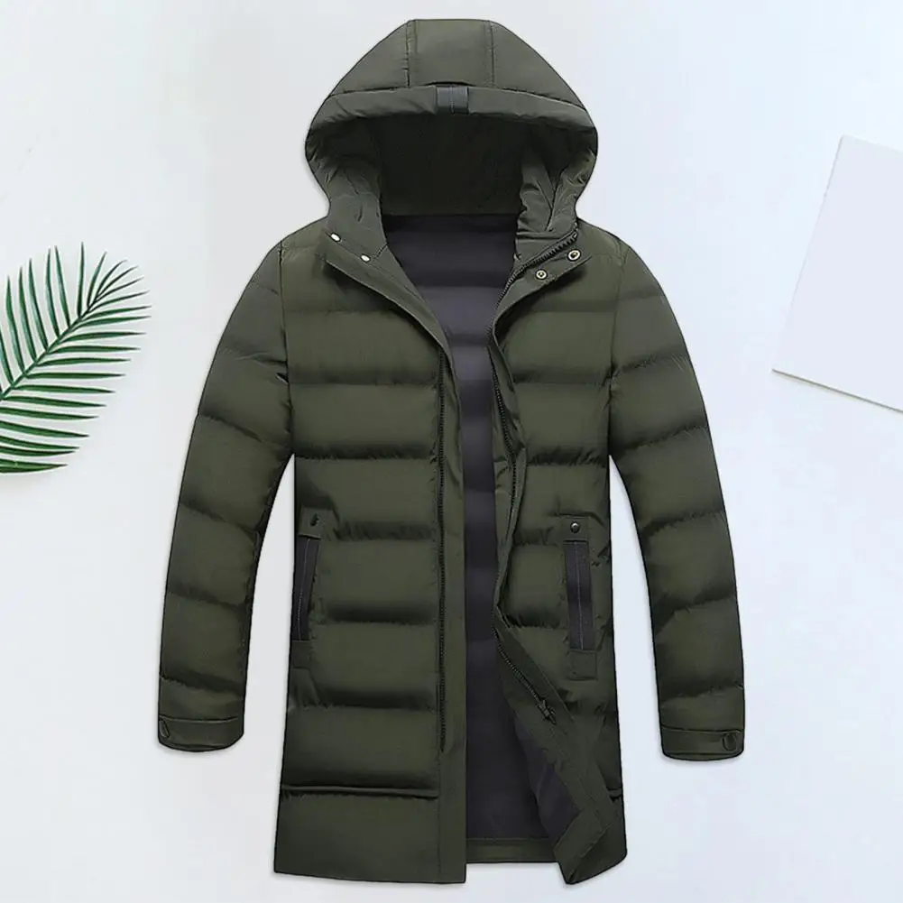 

Men Cotton Coat Hooded Long Sleeve Pockets Long Down Jacket Zipper Placket Solid Color Pockets Thickened Casual Outwear