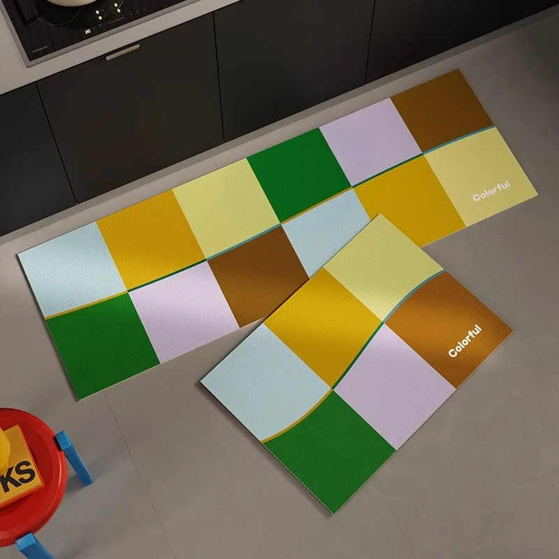 

Kitchen Mat Minimalist Colorful Long Strip Runner Kitchen Carpet PVC Leather Non-slip Oil-proof Waterproof Washable Kitchen Rugs