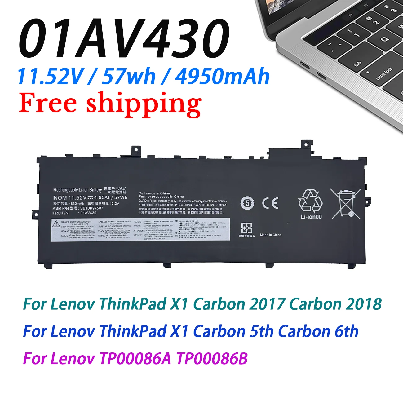 01AV430 01AV430 Laptop Battery For Lenovo ThinkPad X1 Carbon 2017 Carbon 2018 Carbon 5th Carbon 6th TP00086A TP00086B SB10K97587