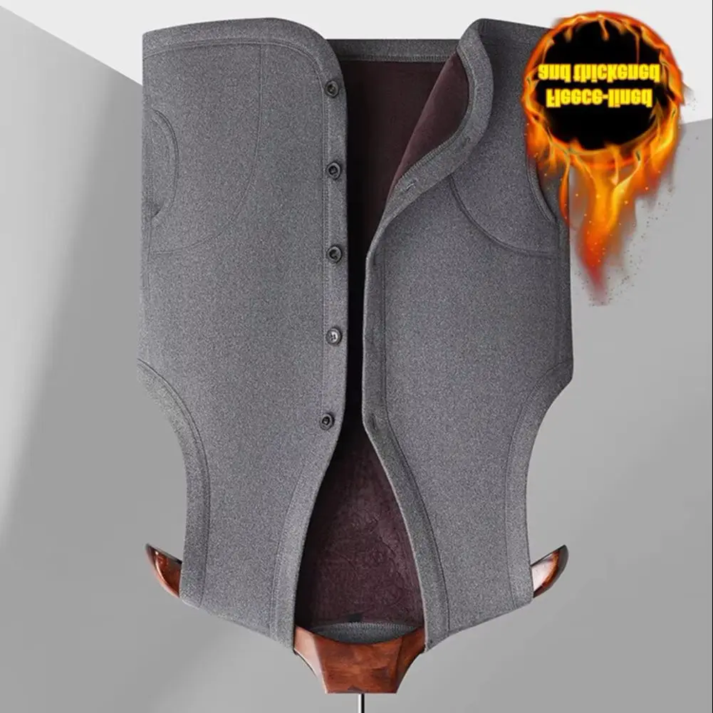 

Men Waistcoat winter warm Vest Coat V-Neck Sleeveless Single Breasted Waistcoat Solid Thickened Velvet Lining Coldproof Vest