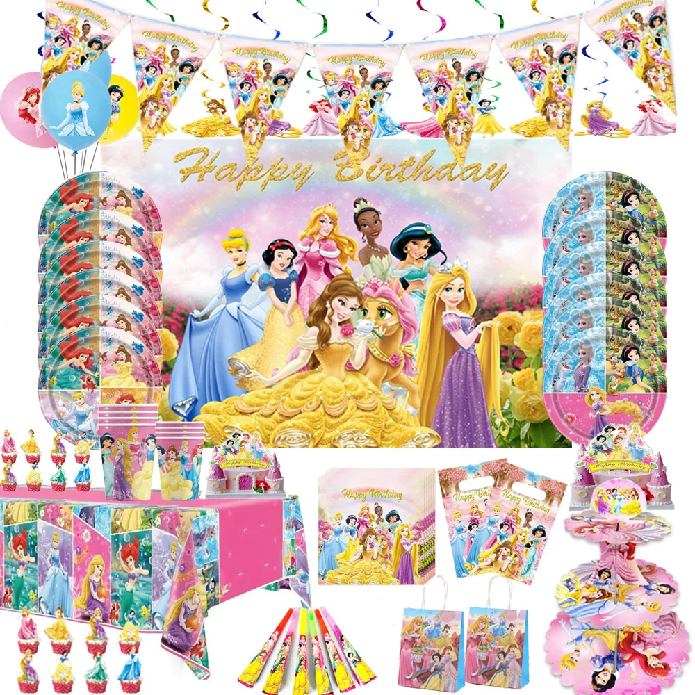 Disney Princess Happy Girl Child Birthday Theme Party Decoration Set Party Supplies Cup Plate Banner Hat Loot Bag Tablecloth