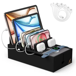 Bamboo Charging Station for Multiple Devices Charger Dock Holder Stand for Cell Phone and Tablet (Includes 6 Cables)