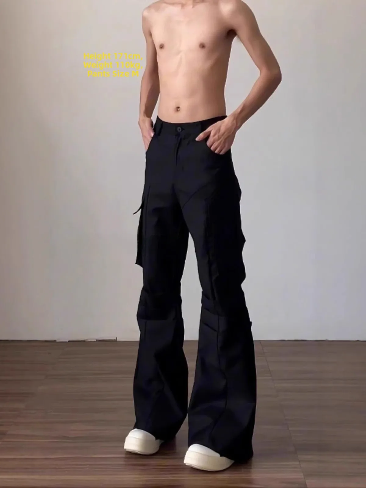 Black Bell Bottom Workwear Pants Men's Spring Autumn Straight Leg Wide Leg Multi Pockets Clean Fit Trousers Casual Fashion