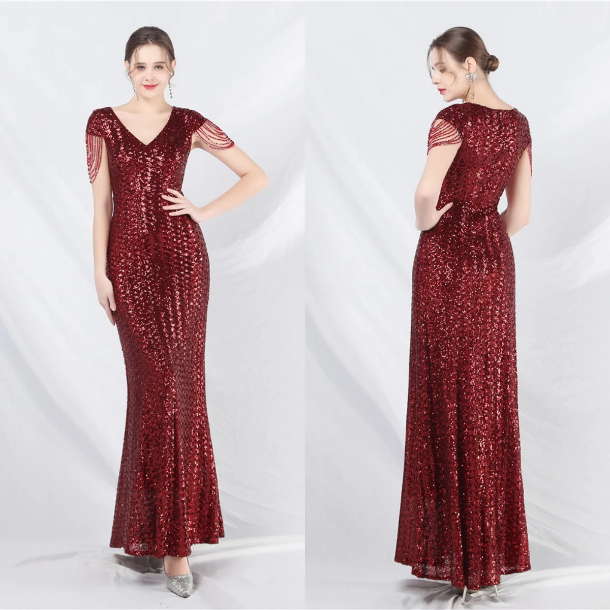 

Evening Dresses Burgundy Sequins Beads Stretchy V-neck Zipper Back Mermaid Trumpet Floor Length Women Party Formal Gowns YE018