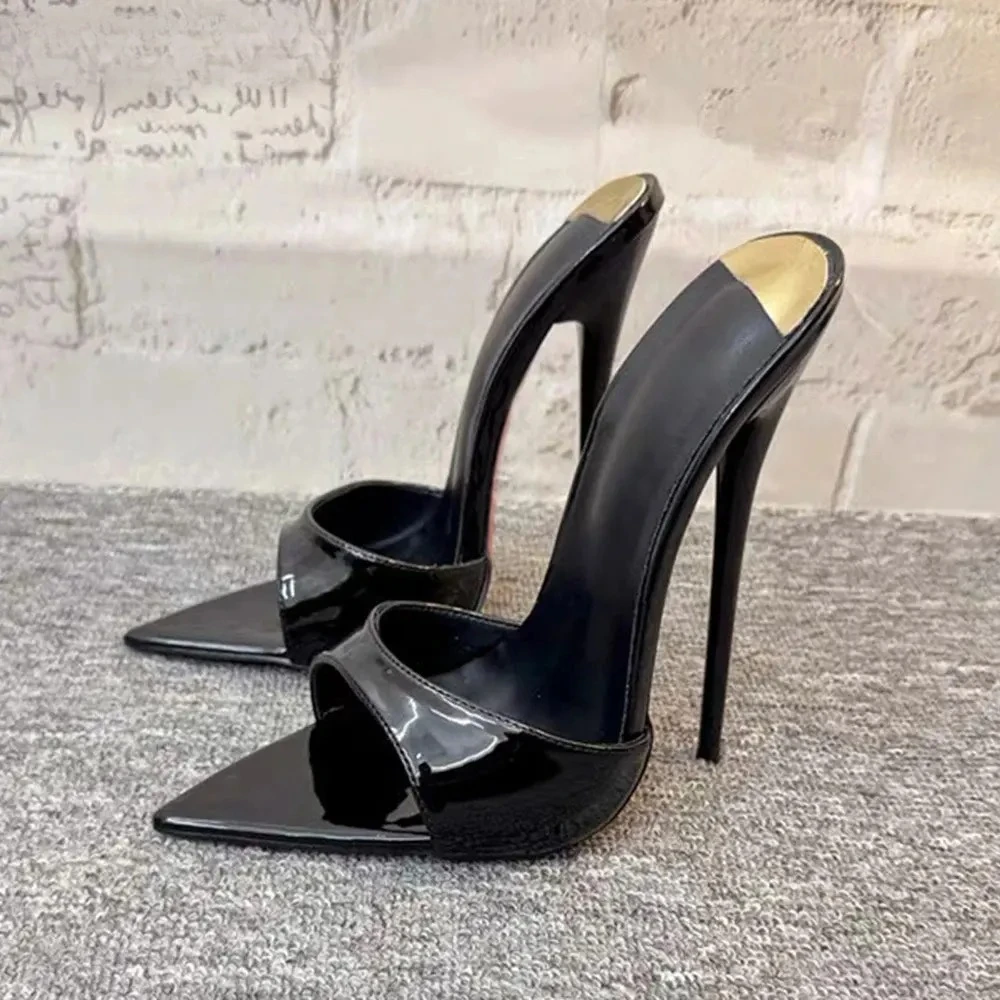 14cm 16cm Super Thin Stiletto Mules Black Peep Pointed Toe Slide Sandals Women Backless Slip On High Heels Evening Dinner Party