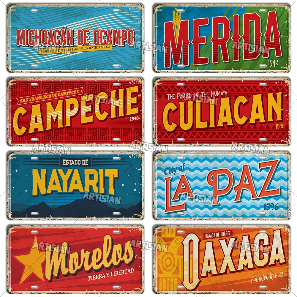 Artisian MEXICO License Plate Landmark Metal Tin Plaque City Metal Sign Wall Decor Garage Bar Pub Club Hotel Cafe Kitchen Home